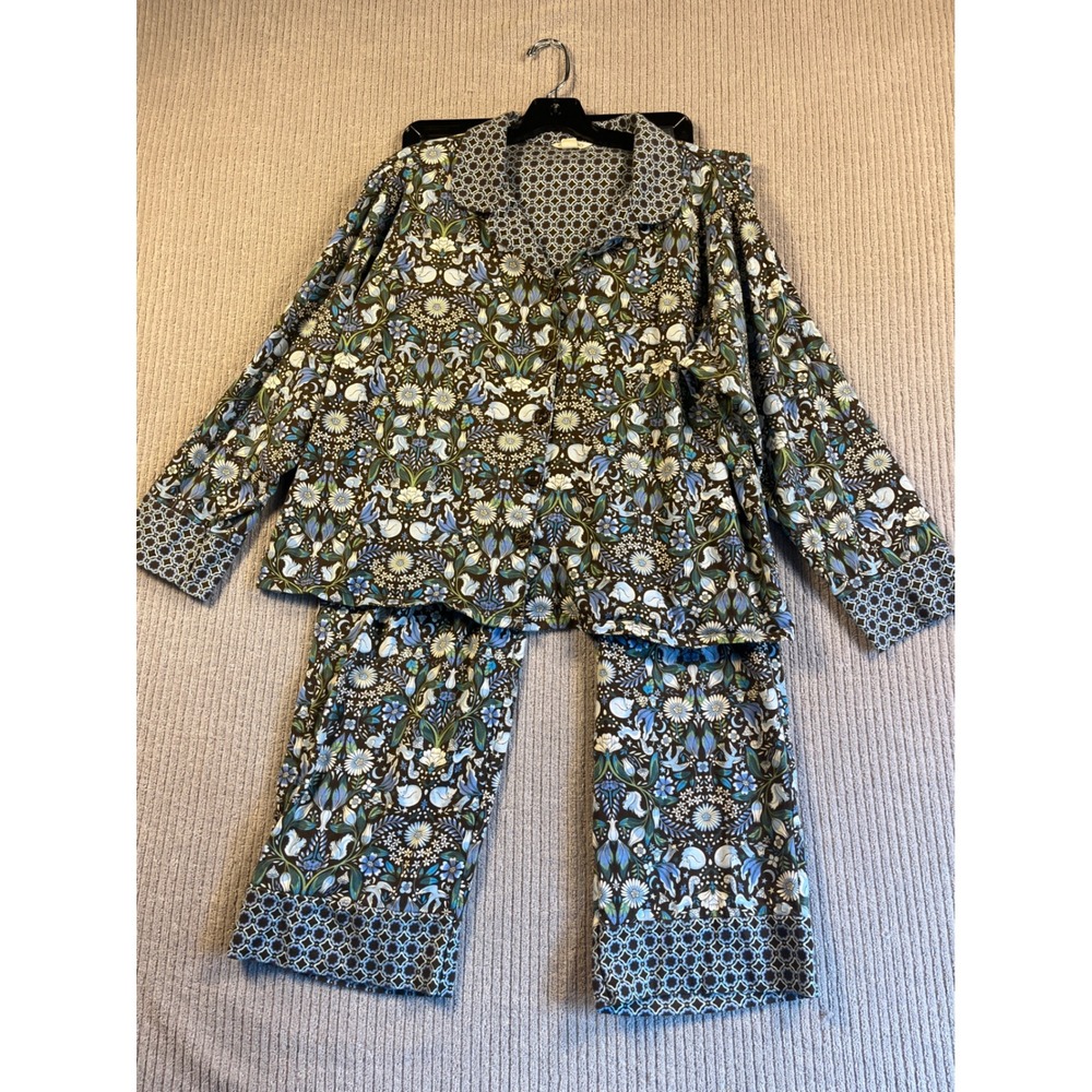 Vera Bradley Pajama Set Womens XL Blue Woodland Floral Button Down Cotton Fox